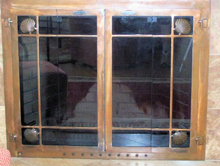 Wellfleet window pane all ancient aged finish vice bi fold doors with scallop shells in corner of standard window pane vice bi fold doors smoke glass comes with slide mesh 